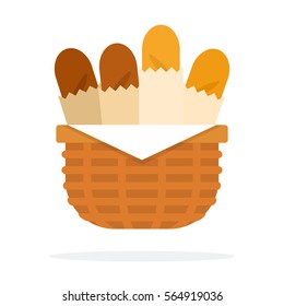 Basket with baguettes vector flat material design object. Isolated illustration on white background.