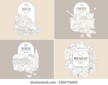 Basket with bakery goods and place for text. Breads, loaves, buns, rolls, croissants, bagels. Hand drawn vector design for bakehouse, grocery store, recipe book