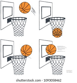 Basket ball action set graphic vector illustration. Backboard, hoop, ring, net, kit. Hand drawn color sketch. On white background