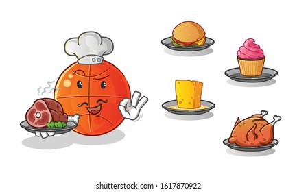 basket ball chef with many types of food cartoon. including cheese, burgers, cupcakes, chicken and beef. cute chibi cartoon mascot vector