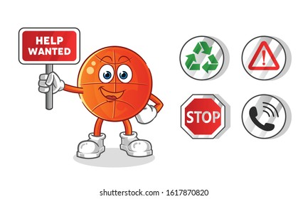 basket ball holding sign cartoon. including recycling sign, caution, stop, telephone. cartoon mascot vector
