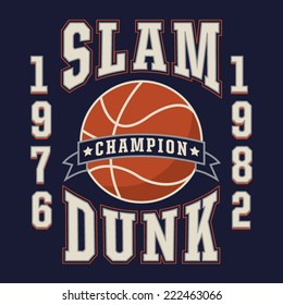 basket ball illustration, slam dunk, t-shirt graphic, sport