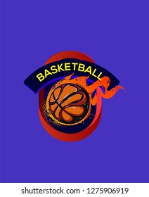Basket ball Logo, burning basket ball on gradient Layout on violet navy blue 