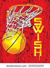 Basket ball with net with full texture background for tshirt and  graphical use.