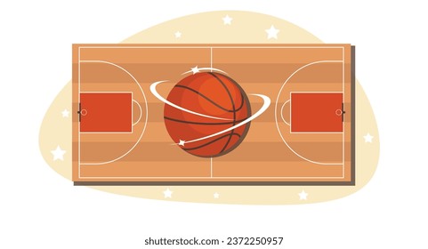 Basket ball on background of basketball court, top view. Empty hall field to play team game. Playground for competition, championship stadium. Cartoon flat style isolated vector concept