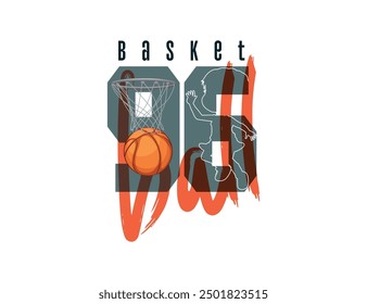 Basket ball with outline and brushed text print on t shirt , banner and other use