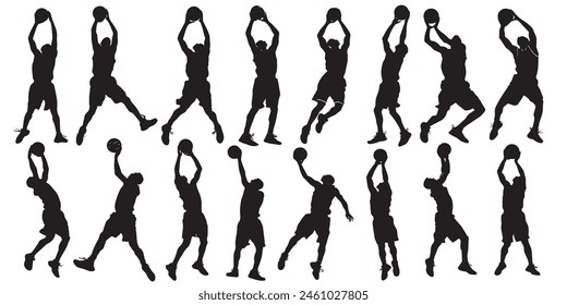 basket ball players silhouettes set, playing basket ball