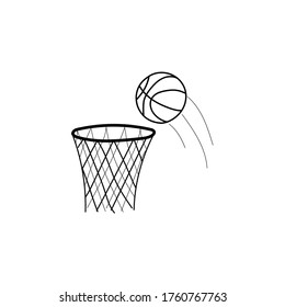Cesta y pelota para jugar al baloncesto. Ilustración vectorial del equipo para el juego. Icono, icono para deportes y aplicaciones web en estilo doodle.