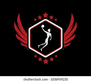 basket ball retro badge logo illustration design.vintage style design of basket ball.designed for sticker and apparel and logo and print