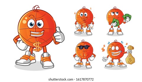 basket ball rich man 5 styles cartoon.  including holding money, gold necklaces, money bags, sunglasses. cartoon mascot vector