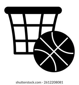 Basket with ball solid icon, basketball game concept. Vector graphics. Basketball sign on white background, style mobile or design