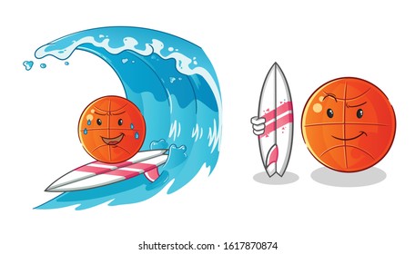 basket ball surfing on the waves cartoon and holding a surfboard. cute chibi cartoon mascot vector