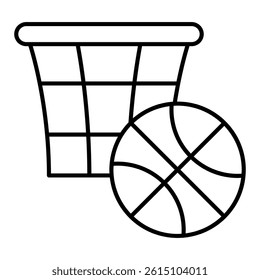 Basket with ball thin line icon, basketball game concept. Vector graphics. Basketball sign on white background, linear style mobile or design