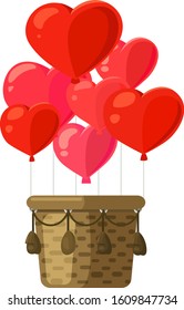 Basket with balloons hearts for St. Valentine's Day Valentine Symbol of love. Cartoon style.