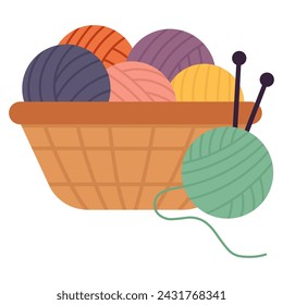 Basket with balls of thread for knitting. Vector illustration