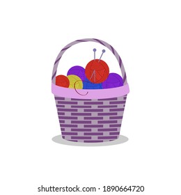 Basket with balls of thread and spiza on a white isolated background. Template for decorating postcards, logo, icons, tags.