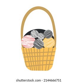 Basket with balls of wool. Vector flat illustration. Handmade basket with balls of yarn, elements and accessories for crochet and knitting