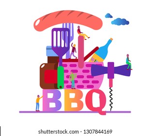basket and barbecue tools vector icon