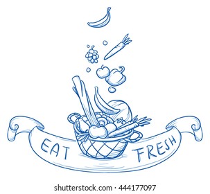 Basket being filled with fresh vegetables and fruits. With banner, grapes, carrots, babanas, peppers, apples, pumpkin.  Hand drawn cartoon vector illustration.