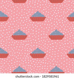 Basket with blue cream seamless creative pattern. Pink dotted background. Food decoration cupcake ornament. Great for fabric design, textile print, wrapping, cover. Vector illustration.