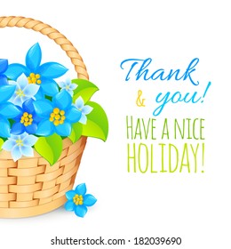 Basket with blue flowers. Vector greeting card template.
