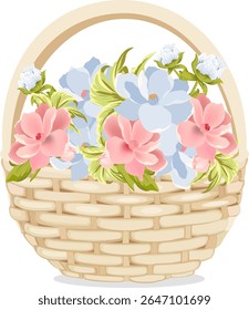basket with blue and pink flowers vector