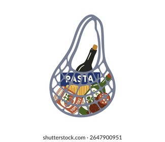 Basket with bottle of wine, a pack of pasta, salami, a can of tomatoes, a bottle of olive oil Italian Food Items Theme Vector illustration