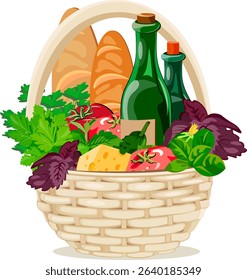 basket bottles glass greens tomatoes cucumbers cheese
