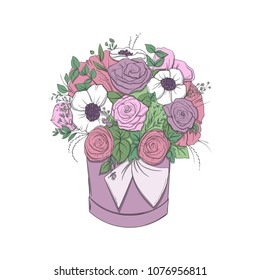 Basket with a bouquet of bright flowers in basket isolated.