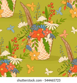 Basket with a bouquet of flowers, seamless pattern, suitable for wrapping paper, textile. Vector illustration on light green background.
