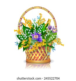 Basket with a bouquet of spring flowers: sleep-grass, snowdrops, mimosa,  lily of the valley.