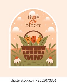 Basket with bouquet of tulips on meadow. Vector isolated illustration in window frame with flowers, garden basket, plants. Flat Design. Cute naive clip art for spring cards, banners, stickers.