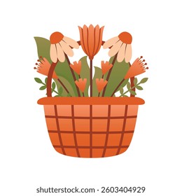 Basket with bouquet of wildflowers. Vintage-inspired floral vector element with a touch of rustic charm. Summer in village. Cottagecore concept. Flat Design. Cute naive clipart.