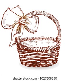 basket with bow, hand drawing, sketch, vector isolated on white background