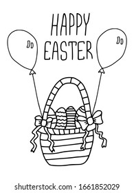 Basket with bows, ballons and eggs in it. Easter theme doodle. Vector illustration isolated on white background. Text "Happy Easter". Design for scrapbooks, holiday greeting card, coloring pages.