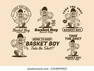 Basket boy, take the shot, vintage illustration character of a boy holding a basket ball