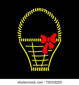 Basket with braid sign. Image of handmade weave. Color icon isolated on black background. Decorative wicker basket with red bow for gift. Logo for invitation or celebration. Stock vector illustration