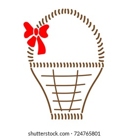 Basket with braid sign. Image of handmade weave. Color icon isolated on black background. Decorative wicker basket with red bow for gift. Logo for invitation or celebration. Stock vector illustration