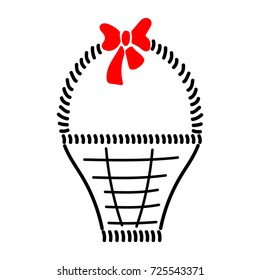Basket with braid sign. Image of handmade weave. Color icon isolated on white background. Decorative wicker basket with red bow for gift. Logo for invitation or celebration. Stock vector illustration