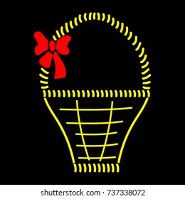 Basket with braid sign. Image of handmade weave. Color icon isolated on black background. Decorative wicker basket with red bow for gift. Logo for invitation or celebration. Stock vector illustration