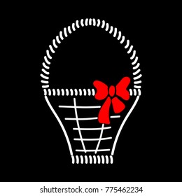 Basket with braid sign. Image of handmade weave. Color icon isolated on black background. Decorative wicker basket with red bow for gift. Logo for invitation or celebration. Stock vector illustration