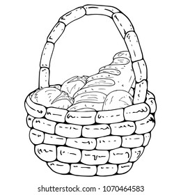 Basket with bread icon. Vector illustration of bread in a wicker basket. Hand drawn basket with bread and buns.