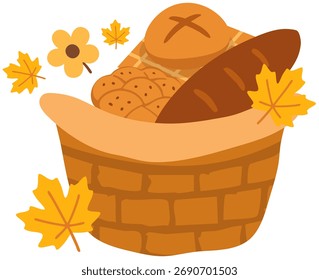 Cesta con pan y hojas que representan la cosecha y el otoño