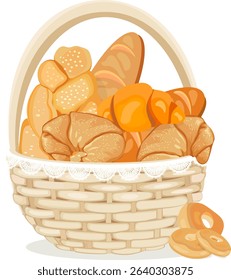 basket with bread and pastries without background
