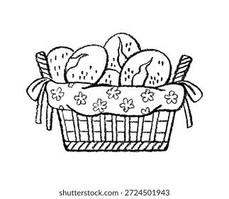Cesta com pão, ilustração de pastelaria. Desenho de esboço de cesta de pão. Desenhar o padrão de contorno vintage de pão. Italiano panificação giz escova lápis ou lápis de cera arte. Brunch italiano png