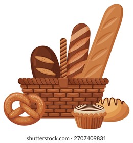 Basket with bread and pastry vector illustration isolated on white background