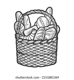 basket of bread sketch engraving vector illustration. T-shirt apparel print design. Scratch board imitation. Black and white hand drawn image.