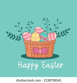Basket bright Easter with different eggs. Happy Easter