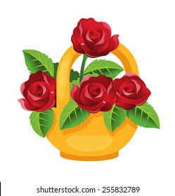 Basket with bunch of roses. Vector illustration