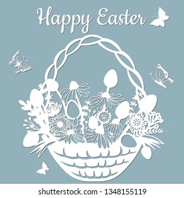 basket, butterfly, dandelion, grass, leaves, flowers, chamomile, egg. Vector illustration. Easter eggs for Easter holidays. Paper sticker Easter egg and flowers in basket. Laser cut. Set template for